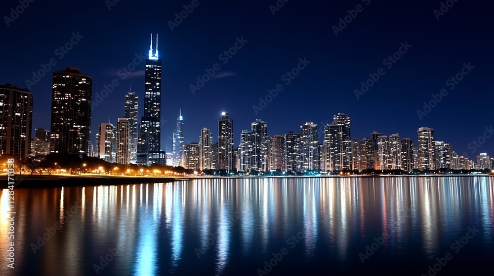 Majestic Cityscape at Night with Towering Buildings and a Reflective Lake : Generative AI Majestic Cityscape at Night with Towering Buildings and a Reflective Lake : Generative AI