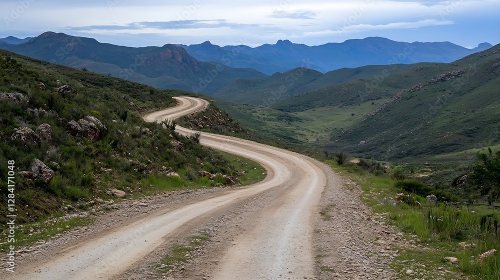 Winding dirt road through serene mountains under cloudy sky offering scenic beauty and adventure : Generative AI Winding dirt road through serene mountains under cloudy sky offering scenic beauty and adventure : Generative AI