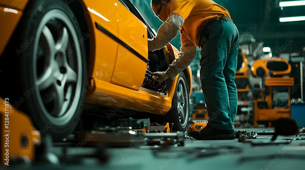 Fototapeta premium Mechanic working on a bright yellow car in a busy automotive workshop with tools scattered