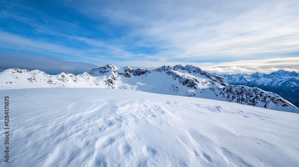 Stunning view of snowcovered mountains under a vast blue sky with soft clouds : Generative AI Stunning view of snowcovered mountains under a vast blue sky with soft clouds : Generative AI