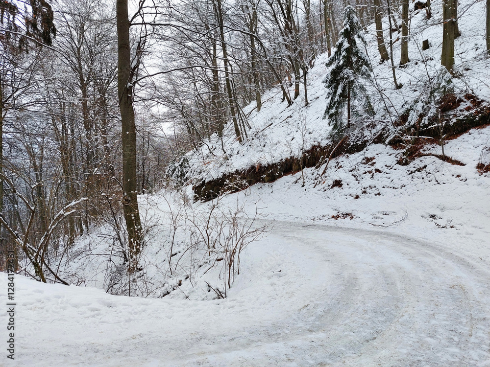 Slovenia. Curved road under snow at Pohorje mountain. Winter Europe