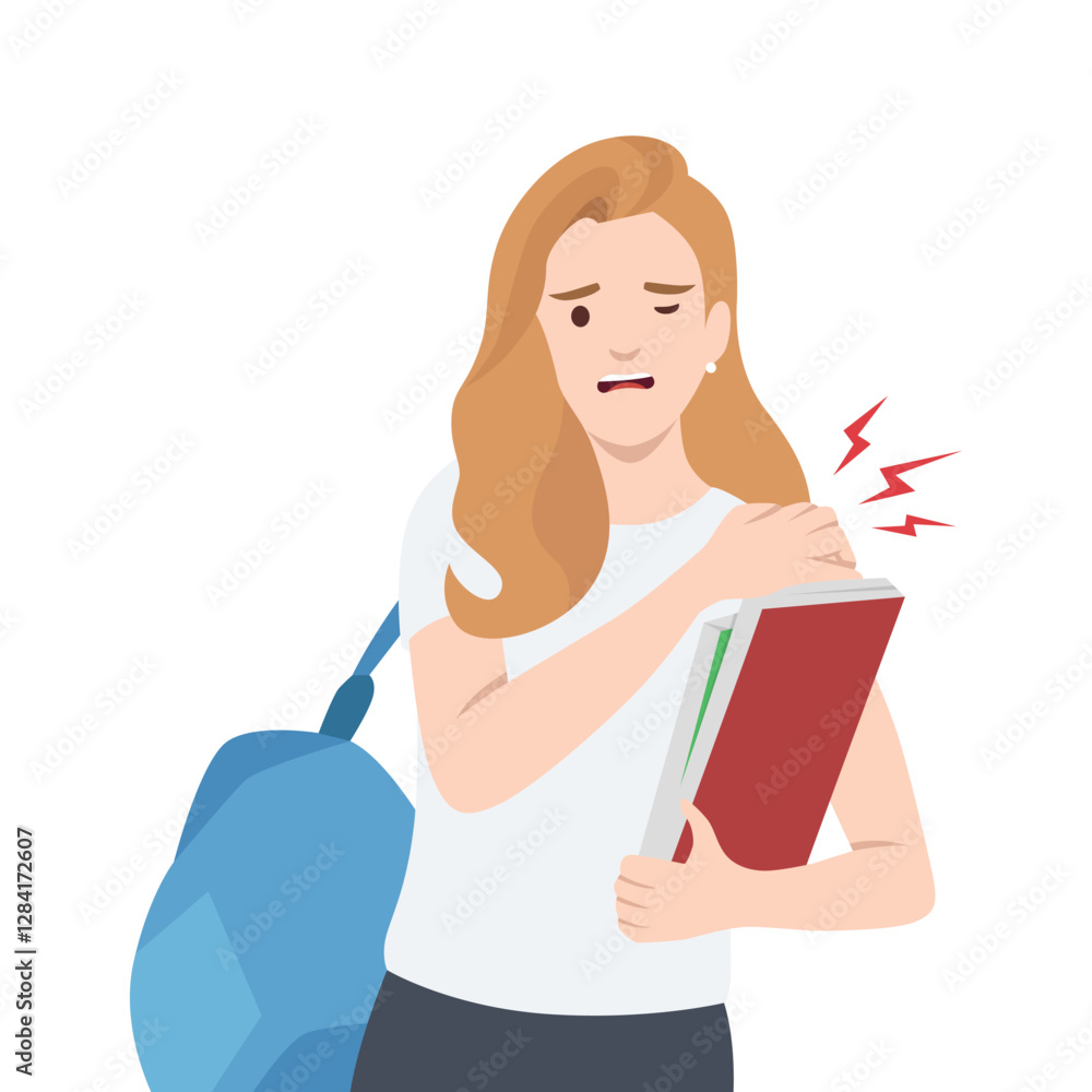 Woman holding her shoulder in pain while carrying books and wearing a backpack. Flat vector illustration isolated on white background Woman holding her shoulder in pain while carrying books and wearing a backpack. Flat vector illustration isolated on white background