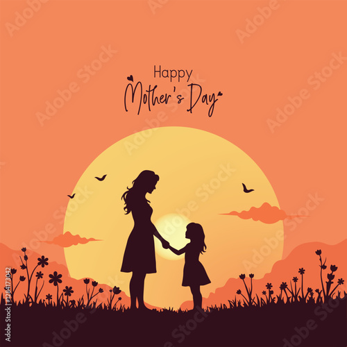 A heartfelt vector illustration depicting a mother gently holding her child's hand in silhouette against a sunset. maternal warmth, and family unity, perfect for Mother's Day celebrations.