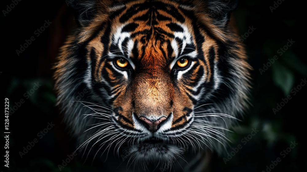 Fototapeta premium Tiger's Gaze: An intimate portrait of a majestic tiger, its striking orange and black stripes accentuated by piercing yellow eyes and a shadow-laden background.