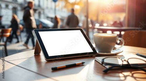 Wallpaper Mural Outdoor Workspace: Digital tablet with a blank screen, coffee, and glasses on a cafe table. Torontodigital.ca