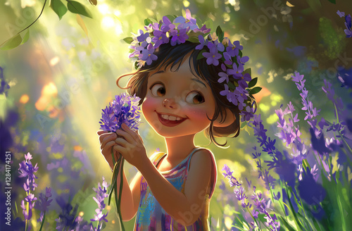 Enchanted young girl wearing a floral crown in a magical sunlit meadow