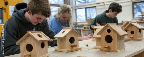 Teens building wooden birdhouses in workshop: collaborative woodworking project in high school class
