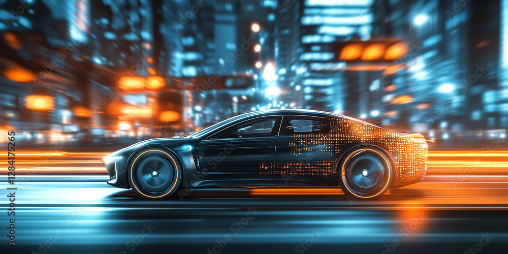 High-speed futuristic vehicle streaks through a glowing cityscape, showcasing innovation and cutting-edge design. The future of transportation is here! High-speed futuristic vehicle streaks through a glowing cityscape, showcasing innovation and cutting-edge design. The future of transportation is here!
