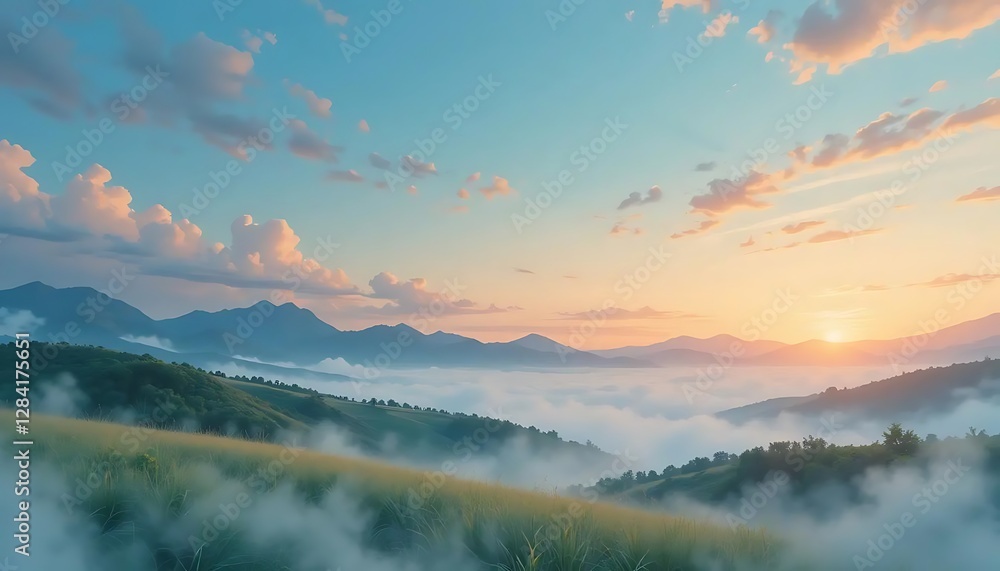 Fototapeta premium Majestic Sunrise Over Serene Mountain Landscape with Misty Valleys and Colorful Clouds in the Sky