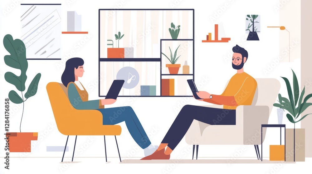 Man and Woman in Cozy Room with Laptop and Tablet Illustration Man and Woman in Cozy Room with Laptop and Tablet Illustration