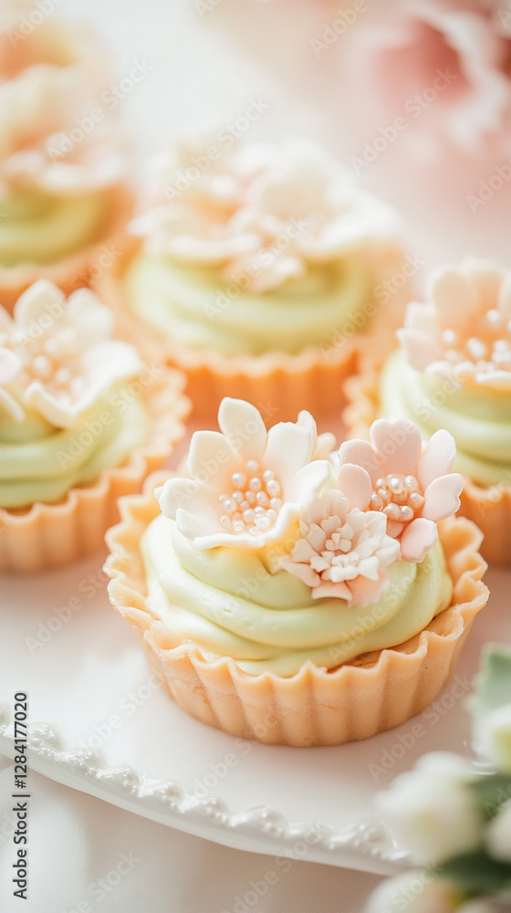 Golden tartlets filled with smooth lemon cream are topped with delicate sugar flowers Golden tartlets filled with smooth lemon cream are topped with delicate sugar flowers