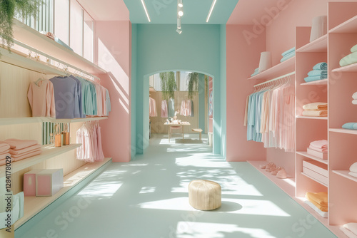 Elegant minimalist boutique interior with pastel colors showcasing modern fashion and lifestyle products