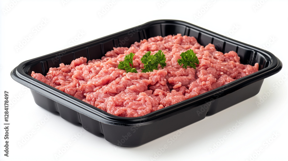 minced meat in black plastic tray container on a white background minced meat in black plastic tray container on a white background
