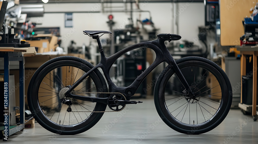 A sleek, modern bicycle displayed in an industrial workshop environment. A sleek, modern bicycle displayed in an industrial workshop environment.