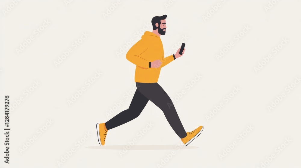 Man Running with Smartphone Wearing Yellow Hoodie and Black Pants Vector Man Running with Smartphone Wearing Yellow Hoodie and Black Pants Vector