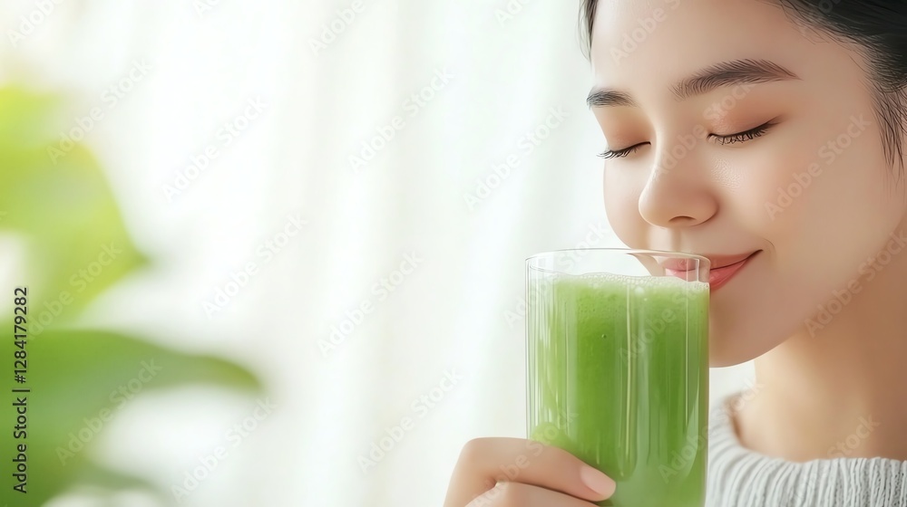 A woman enjoys a refreshing green smoothie, capturing the essence of health and wellness in a serene indoor setting. A woman enjoys a refreshing green smoothie, capturing the essence of health and wellness in a serene indoor setting.