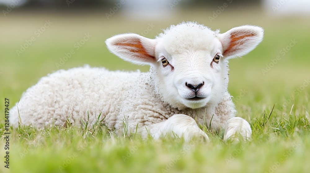 Adorable baby sheep resting on green grass with a curious expression capturing the essence of rural life : Generative AI Adorable baby sheep resting on green grass with a curious expression capturing the essence of rural life : Generative AI