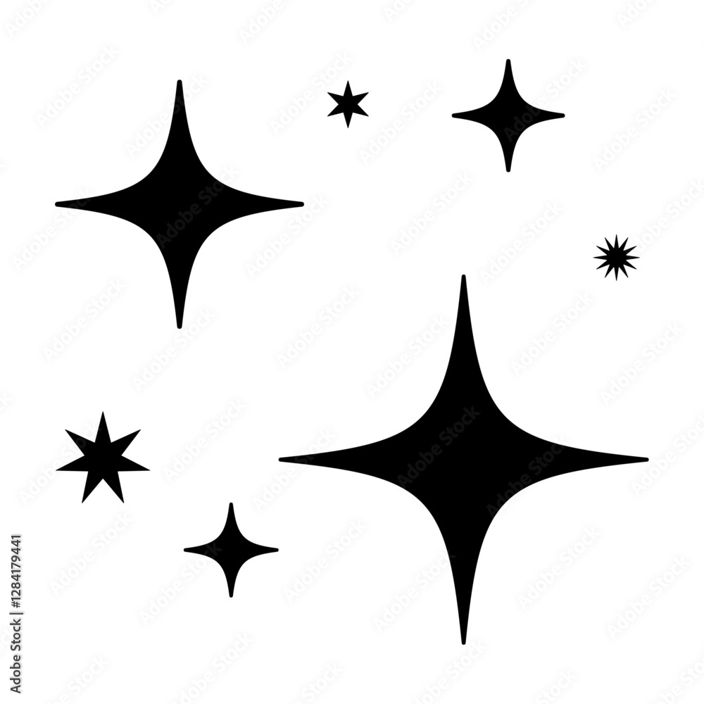 キラキラ、ピカピカ、星のアイコン、装飾、漫符 ベクター黒 キラキラ、ピカピカ、星のアイコン、装飾、漫符 ベクター黒
