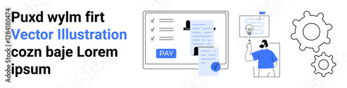 Computer screen with payment button, checked list, user profile sheets, person holding flag, and mechanical gears. Ideal for finance, teamwork, automation, task management organization process