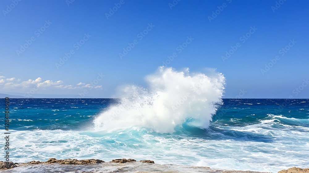Obraz premium Ocean Wave Crashing on Rocky Coastline Under a Sunny Sky AI Generated