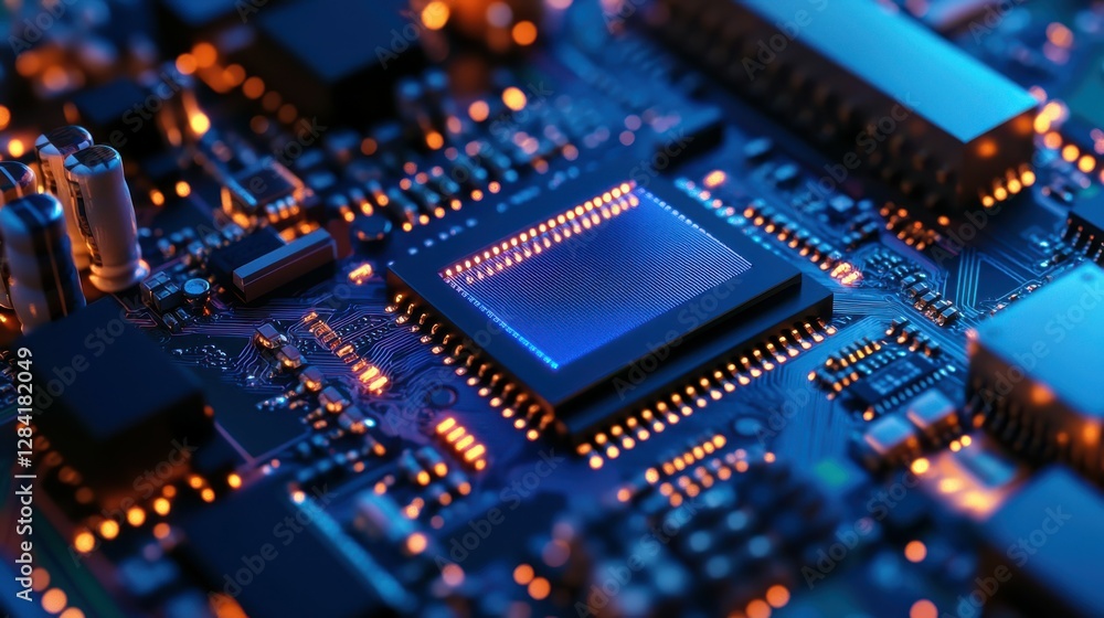 Close-up of blue circuit board and microchip with glowing elements Close-up of blue circuit board and microchip with glowing elements