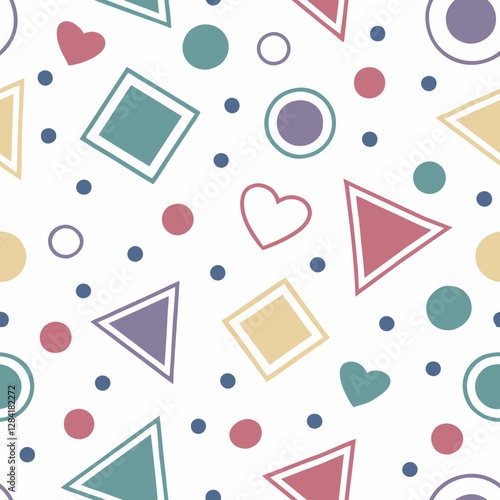 Geometric Harmony: A seamless pattern of various shapes, from hearts to circles and triangles, in a playful assortment of colors, creating a vibrant and eye-catching design.