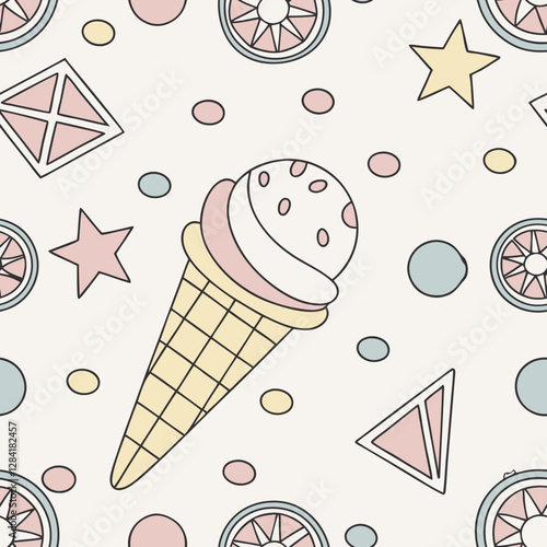 Sweet Dreams: A playful and whimsical illustration featuring a repeating pattern of ice cream cones, stars.