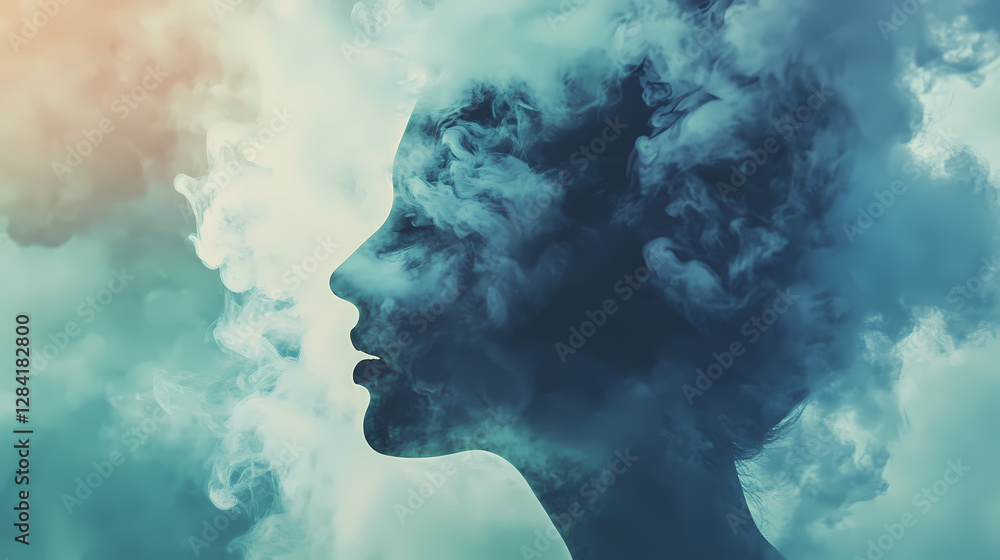Ethereal profile of person's head dissolving into clouds and smoke in surreal, dreamlike composition. Dreamlike Ephemeral Apparition. Illustration Ethereal profile of person's head dissolving into clouds and smoke in surreal, dreamlike composition. Dreamlike Ephemeral Apparition. Illustration