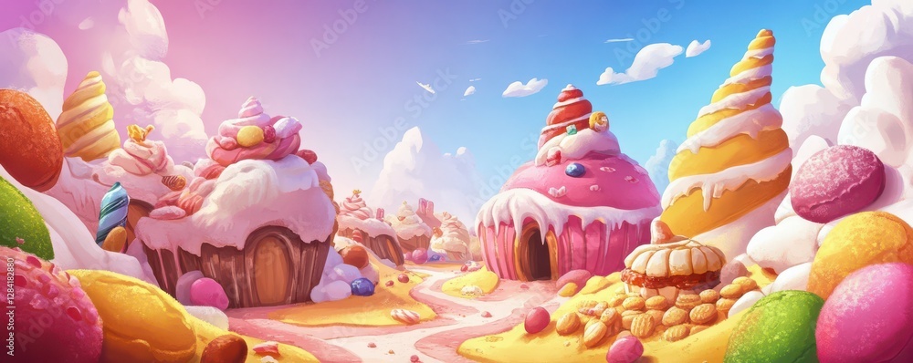 Whimsical candyland village with colorful sweets and frosted cupcake houses Whimsical candyland village with colorful sweets and frosted cupcake houses