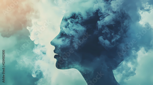 Ethereal profile of person's head dissolving into clouds and smoke in surreal, dreamlike composition. Dreamlike Ephemeral Apparition. Illustration