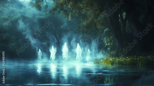 Wallpaper Mural Ethereal spirits wandering the surreal dreamscape of a mystic woodland pond. Dreamlike Ephemeral Apparition. Illustration Torontodigital.ca