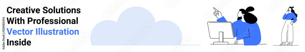 Two people collaborating at desk, one pointing at monitor, blue cloud background. Ideal for teamwork, creativity, collaboration, planning, communication, brainstorming flat landing page banner Two people collaborating at desk, one pointing at monitor, blue cloud background. Ideal for teamwork, creativity, collaboration, planning, communication, brainstorming flat landing page banner