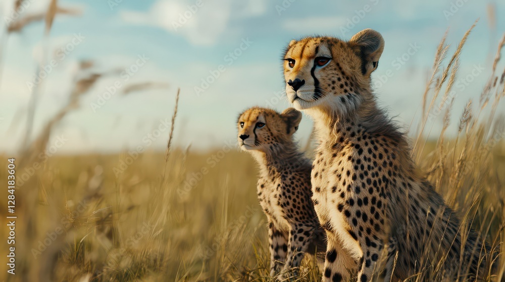 Cheetah pair observing on african savannah at sunset Cheetah pair observing on african savannah at sunset
