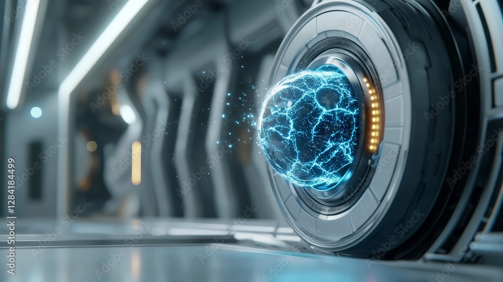 Futuristic Device with Blue Energy Sphere in a HighTech Environment Futuristic Device with Blue Energy Sphere in a HighTech Environment