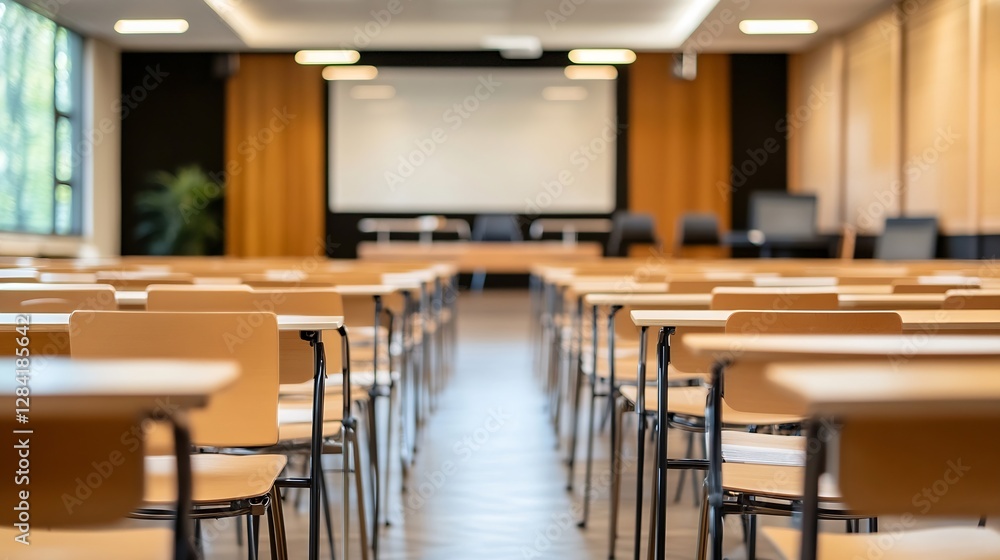 Modern educational space showcasing empty classroom with neat rows of desks ready for learning : Generative AI Modern educational space showcasing empty classroom with neat rows of desks ready for learning : Generative AI