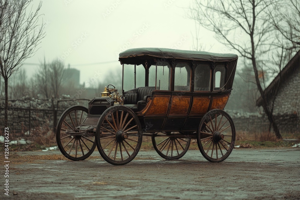 Fototapeta premium Antique Carriage Vehicle Standing Still On A Gray Day Under Misty Conditions