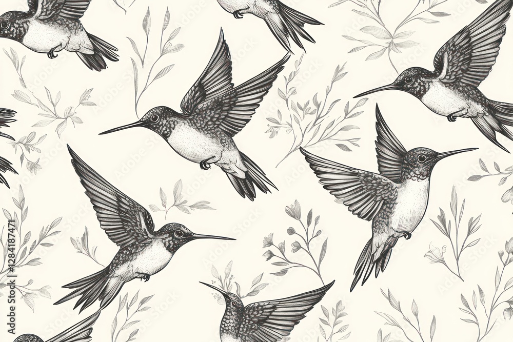Obraz premium Hummingbirds flying amidst floral branches, seamless pattern, textile print
