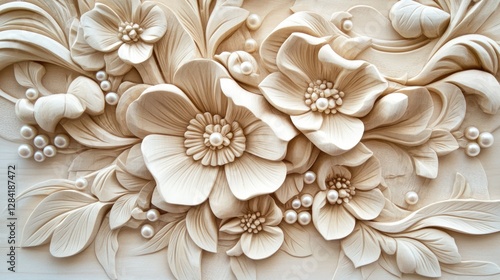 Elegant carved floral wall art, pearl accents, cream tones, interior design