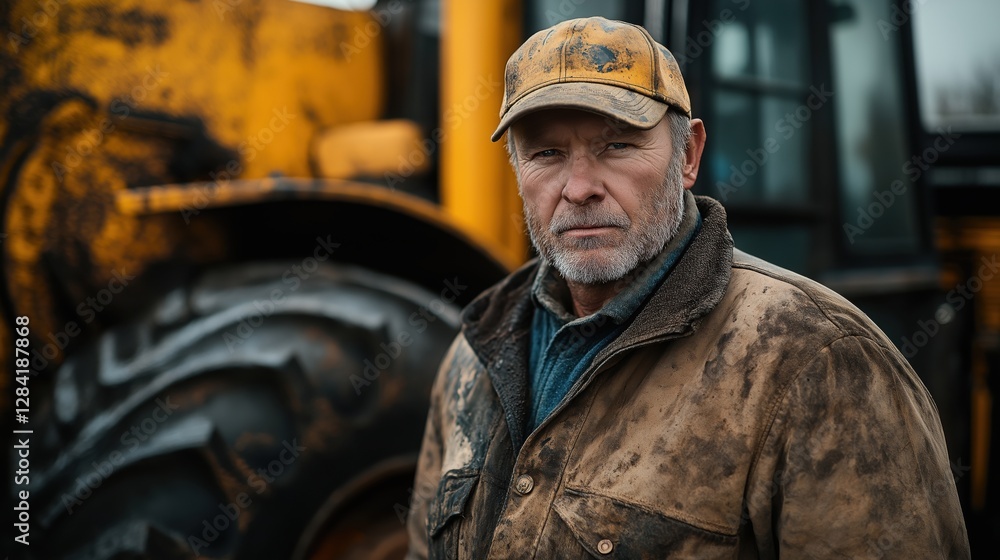 Experienced male construction worker in dirty jacket standing by tractor Experienced male construction worker in dirty jacket standing by tractor