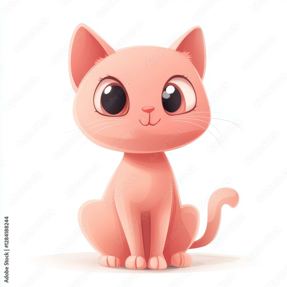 Fototapeta premium Cute Pink Cat Illustration With Big Eyes Sitting Adorably On White Background Cartoonish Style