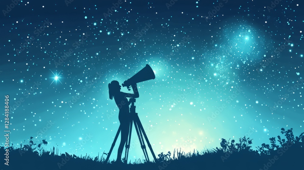 Pixel Art Silhouette of Person Gazing at Starry Night Sky with Telescope Pixel Art Silhouette of Person Gazing at Starry Night Sky with Telescope