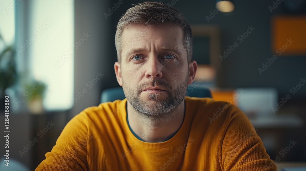 Thoughtful middle-aged man in casual attire sitting in a modern office Thoughtful middle-aged man in casual attire sitting in a modern office
