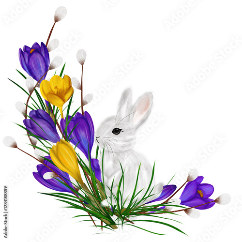 Easter composition with a rabbit violet and yellow crocuses, colourful eggs, willow vines. Watercolor digital illustration. For decoration textiles, wallpaper, wrapping paper, covers, postcards photo