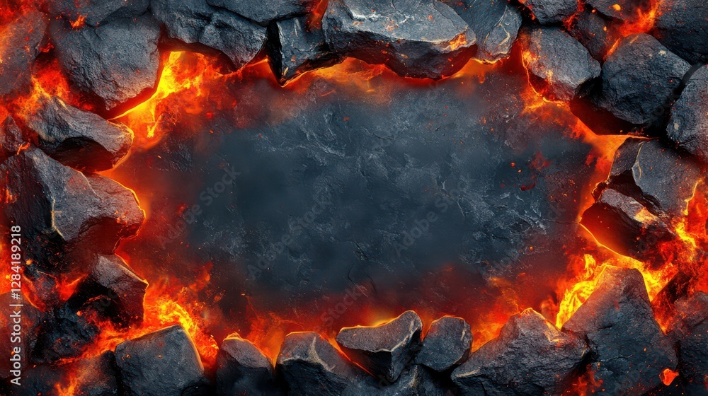 Fiery rocky frame with glowing lava surrounding dark center background Fiery rocky frame with glowing lava surrounding dark center background