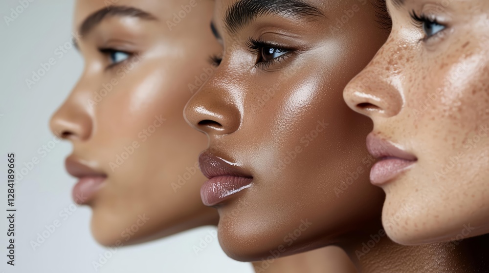 Diverse beauty: close-up of three women highlighting natural skincare and complexion Diverse beauty: close-up of three women highlighting natural skincare and complexion