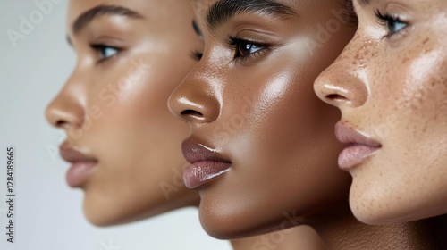 Diverse beauty: close-up of three women highlighting natural skincare and complexion