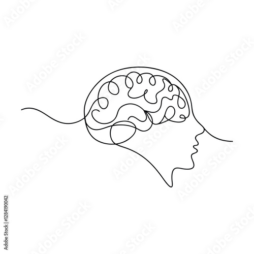 Single Line Drawing Human Head, Brain, Mind, Consciousness, Thought, Intellect, Neurology, Psycholog
