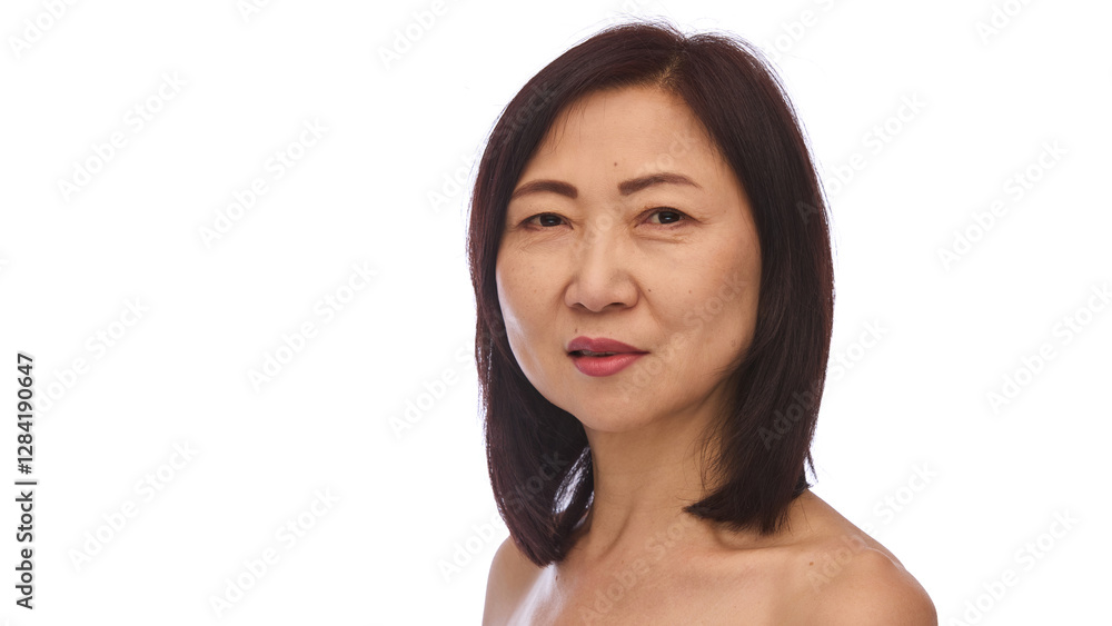 Portrait of attractive Korean mature woman, in her 60s with dark hair and well-kept, healthy skin isolated on white background. Concept of skin care, anti-aging products, cosmetology Portrait of attractive Korean mature woman, in her 60s with dark hair and well-kept, healthy skin isolated on white background. Concept of skin care, anti-aging products, cosmetology