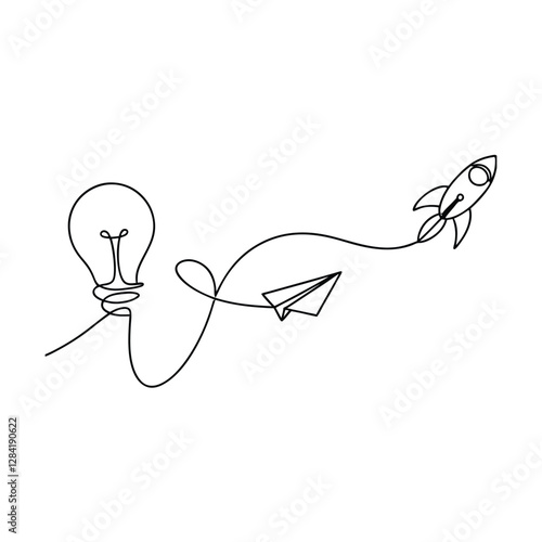 Continuous Line Art Idea, Innovation, Startup, Rocket, Launch, Paper Plane, Flight, Vision, Growth, 