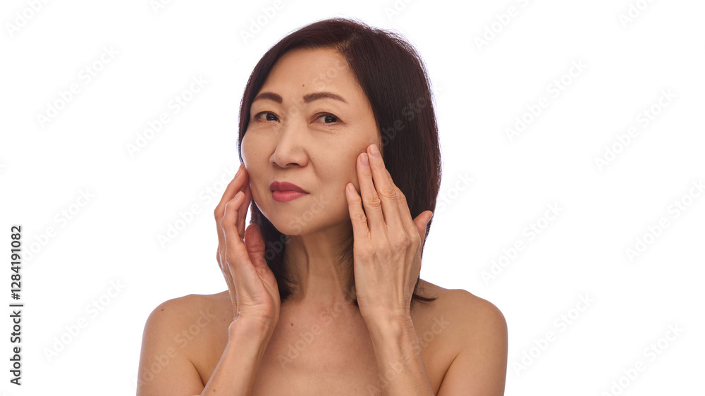 Portrait of beautiful mature Korean woman in her 60s gently touching her flawless skin, demonstrating perfect anti-aging treatment. Concept of skin care, wellness, cosmetics and cosmetology Portrait of beautiful mature Korean woman in her 60s gently touching her flawless skin, demonstrating perfect anti-aging treatment. Concept of skin care, wellness, cosmetics and cosmetology